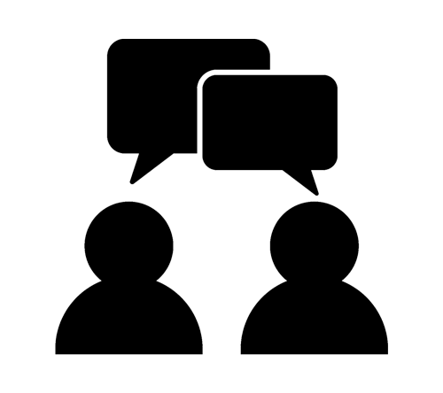 A black graphic of two figures speaking using talk bubbles that overlap.