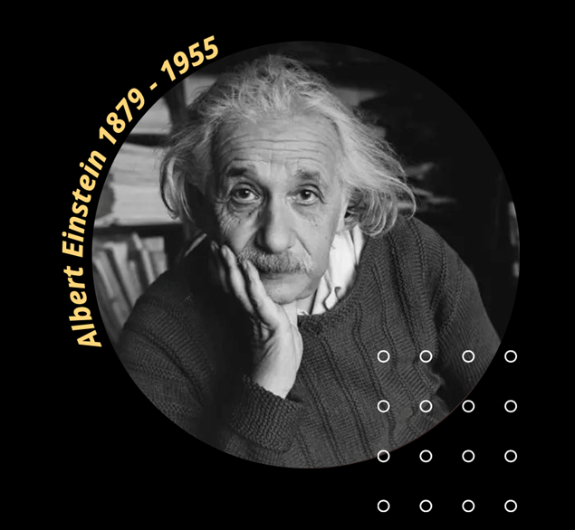 A black and white photo of Albert Einstein with both his birth and death date.