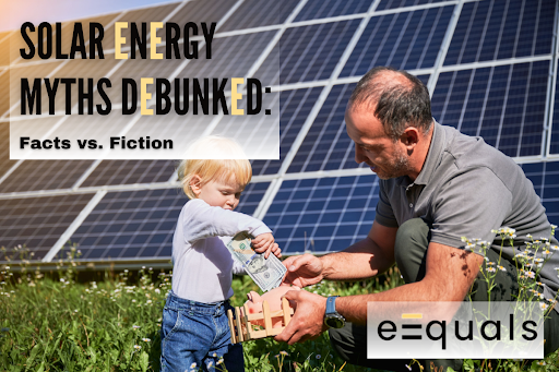 A man and his grandson play in front of a solar panel array. The child saves large amounts of money due to his wise grandfather's investment.